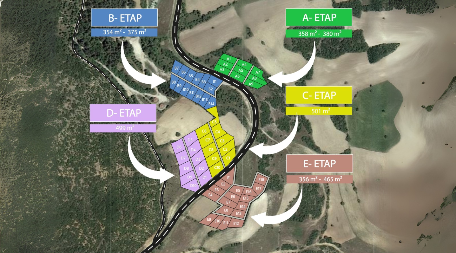 Isparta Teras Evler vaziyet planı — A, B, C, D, E etapları ve A1–E18 parsel yerleşimi