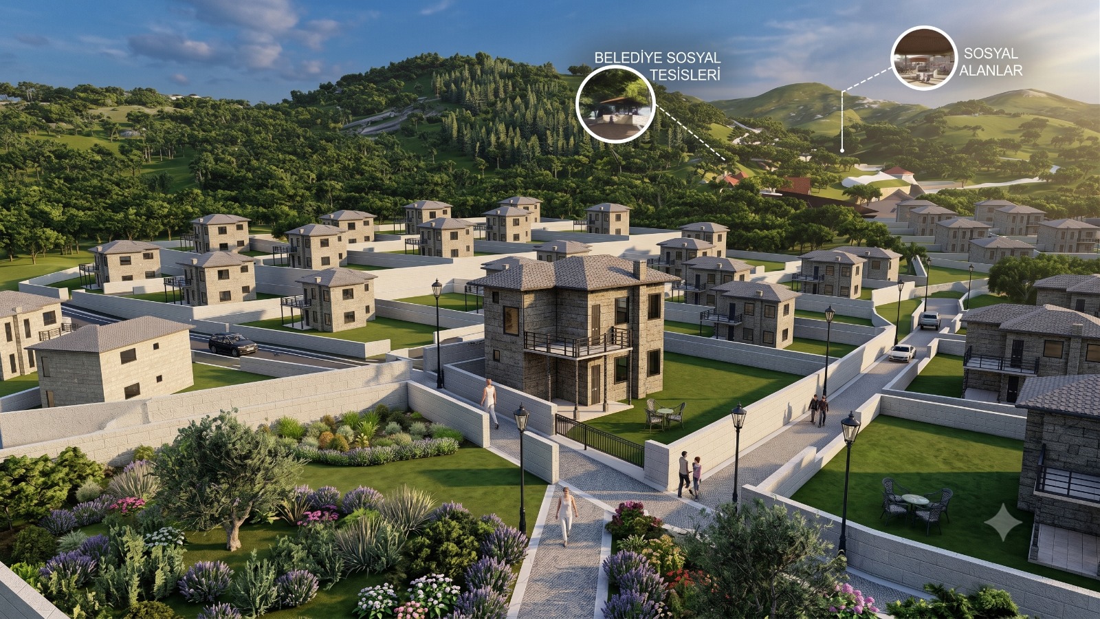 Projenin havadan render'ı — belediye sosyal tesisleri ve sosyal alanlar