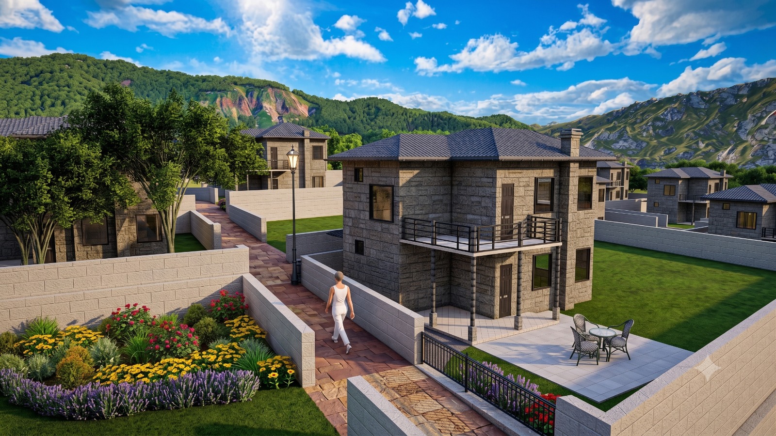 Taş cepheli 2 katlı müstakil yapı render'ı — onaylı tip mimari konsepti